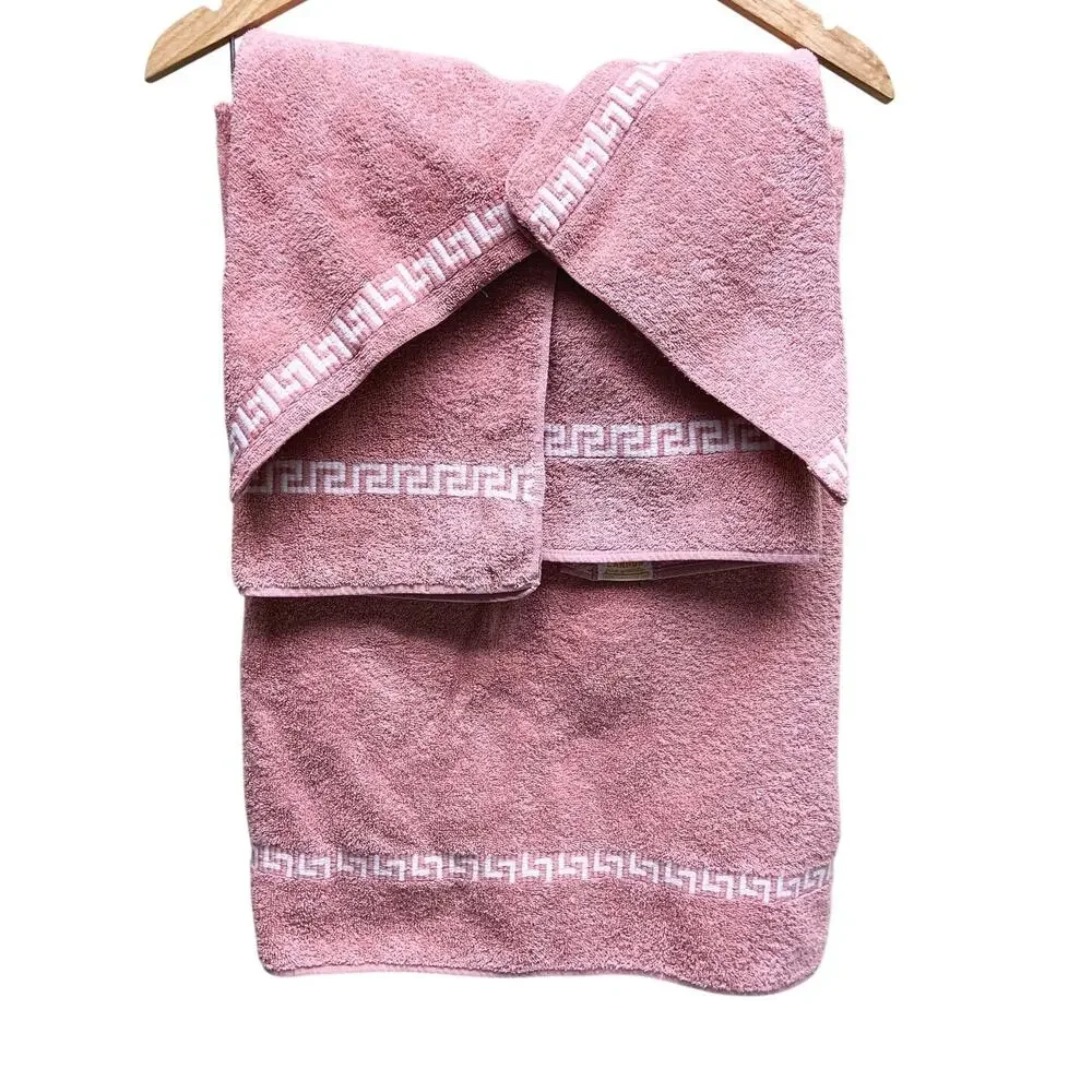 Vintage 1980s Set 5 Cannon Pink Greek Key Trim Bath Hand Towels and Wash Cloths